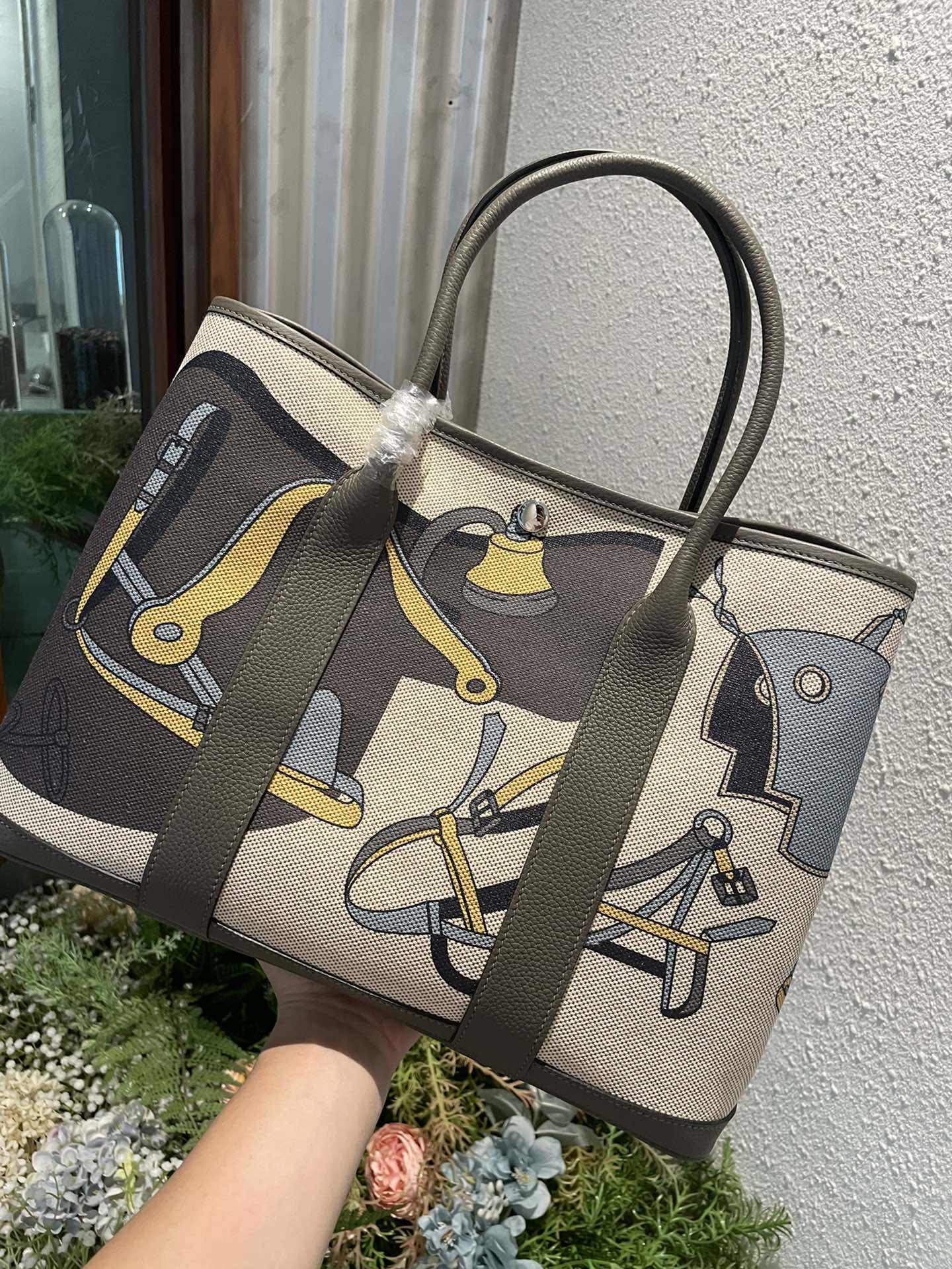 Hermes Garden Party 36cm Canvas Tote Handbag In Etain Clemence Leather